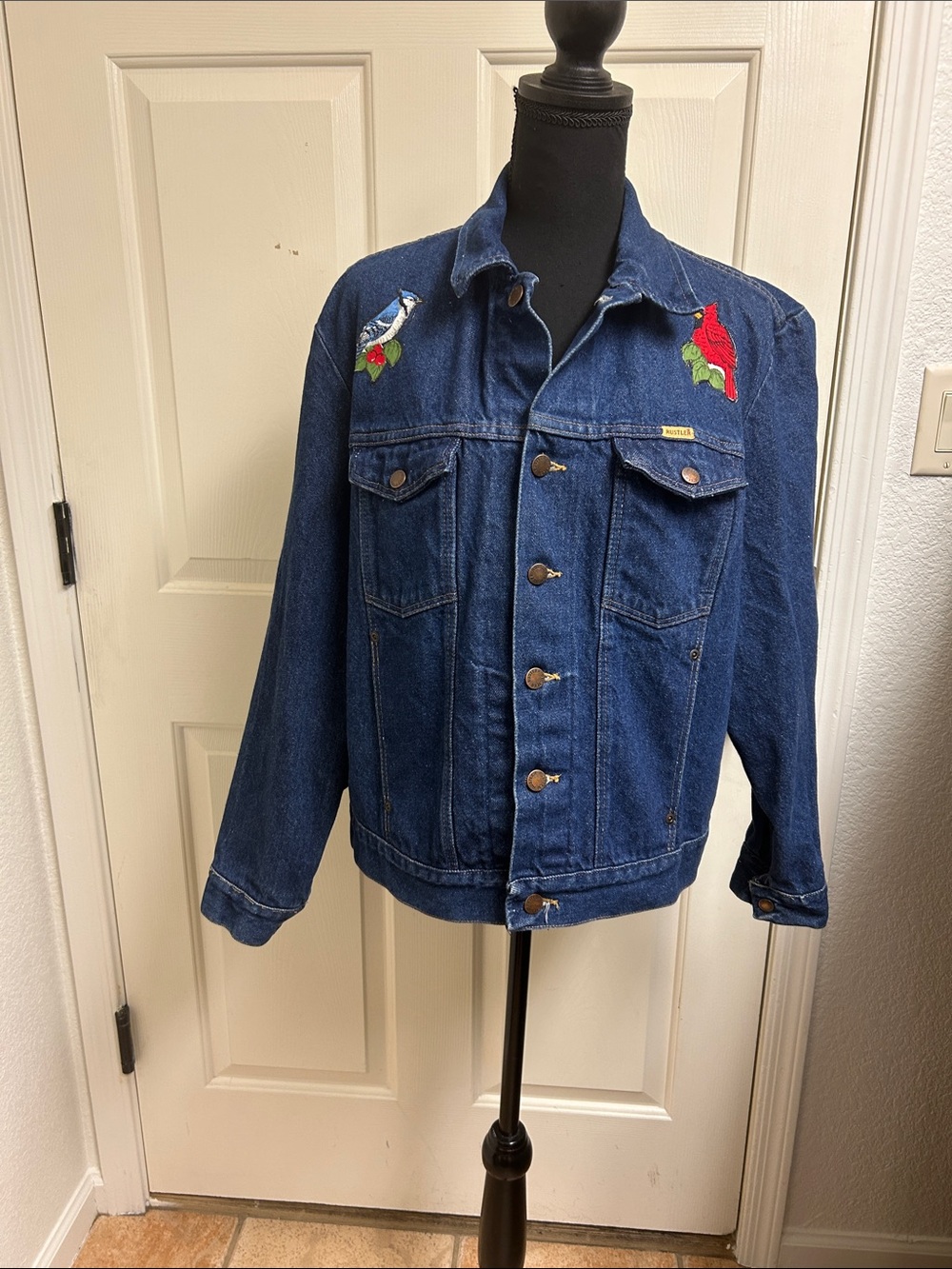 RUSTLER Large Jean jacket with handmade bird design, EUC